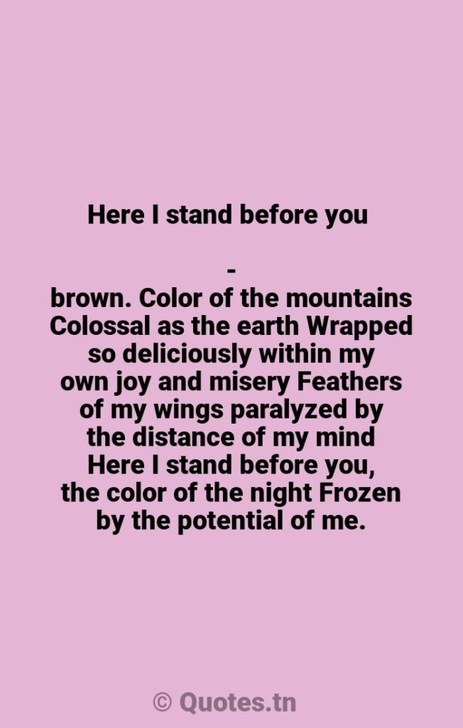 Here I stand before you - brown. Color of the mountains Colossal as the earth Wrapped so deliciously within my own joy and misery Feathers of my wings paralyzed by the distance of my mind Here I stand before you