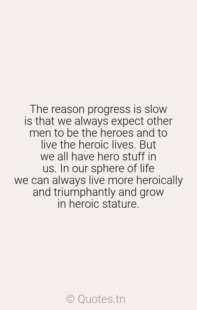 The reason progress is slow is that we always expect other men to be the heroes and to live the heroic lives. But we all have hero stuff in us. In our sphere of life we can always live more heroically and triumphantly and grow in heroic stature. - Hero Quotes by Wilferd Peterson